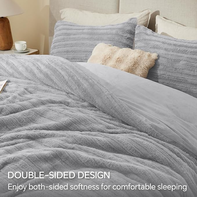 BEDELITE Faux Fur Queen Comforter Set, Fluffy Bed Set, Light Grey | Super Soft & Warm, Luxury Fuzzy Cozy Comforter for Winter, Heavy Plush Bed set, with 2 Pillowcases