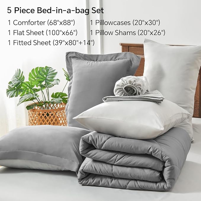 BEDELITE Twin XL Comforter Set 5 Pieces, Reversible Dark Grey Bed in A Bag | Soft All Season Down-Alternative Comforter, Sheets, Pillowcases & Shams, OEKO-TEX Certified Bedding for Drom Room, College