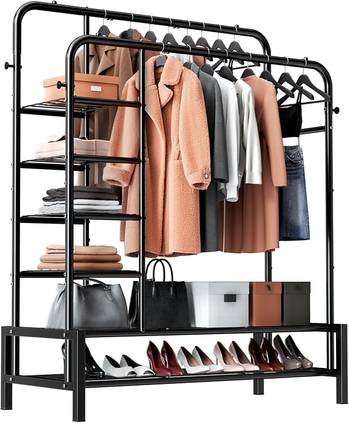 Clothes Rack with Shelves, Double Rods Clothing Rack for Bedroom, Black | Metal Garment Rack for Hanging Clothes, 2 Bottom Shelves & 4 Side Shelves, 220 LBS Clothes Racks for Laundry Room, Dorm Room