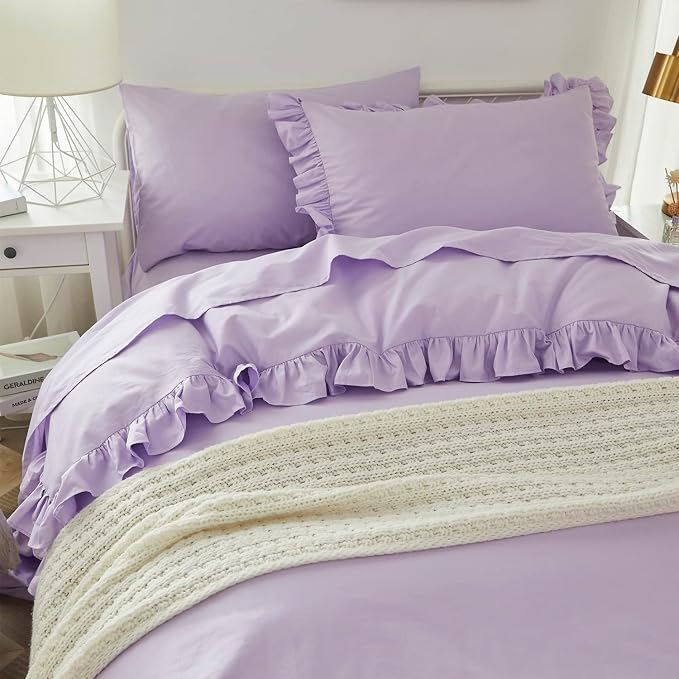 Brandream Kids Bedding Set Full/Queen Size 100% Organic Cotton Duvet Cover Shams Set for Girls 3pc, Delicate Ruffle Fringe Solid Color Soft and Breathable (Purple)