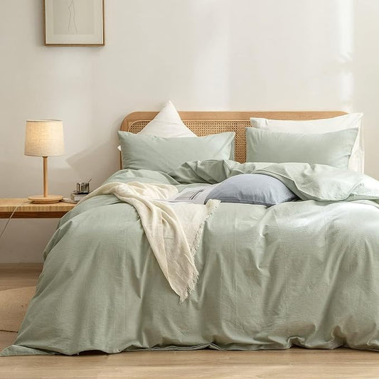 BESTOUCH Cotton Solid Duvet Cover Set Linen Feel Sage Green Oversized Full | 100% Washed Cotton, Soft Wrinkle Texture, Hidden Zipper, 8 Ties, Breathable Lightweight Durable Comfy, 3 Pcs No Insert