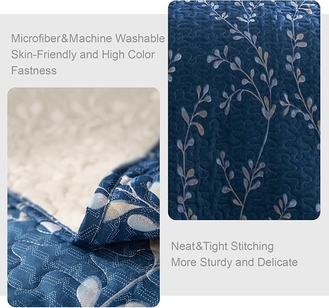 Exclusivo Mezcla Reversible Boho Quilt King Size Navy | Lightweight Soft Bedspreads, All Season Flowers Coverlet Bedding Set, Printed Floral Pattern, 1 Quilt and 2 Pillow Shams