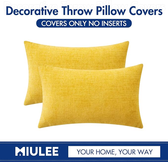 MIULEE Soft Chenille Lumbar Throw Pillow Covers Yellow 12x20 Pack of 2 | Modern Home Decor, Classic Decorative Pillows, Solid Dyed Cases, Boho Couch Cushion Covers for Sofa Bed Living Room