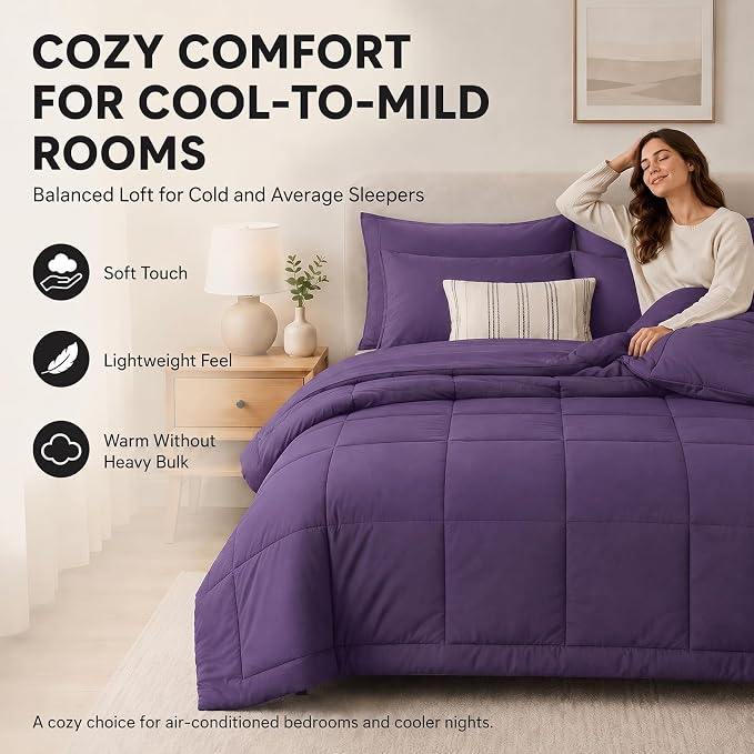 Queen Comforter Set Purple - 7 Pieces Bed in a Bag | OEKO-TEX Certified, All-Season, Bedroom, Guest Room, Down-Alternative Comforter + Flat & Fitted Sheets + 4 Pillowcases