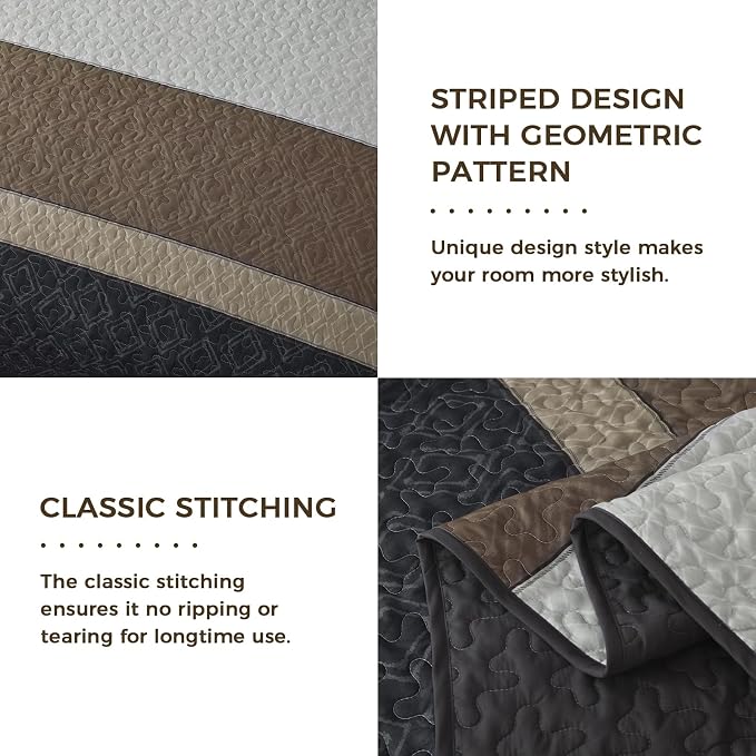 Cottolester King Quilt Set,Grey Brown Striped Plaid Bedsperad Coverlet Set | Modern Boho Style,Striped Plaid Design,Ultra Soft Lightweight Microfiber Quilted Bedding Sets for All Seasons 110"x90"