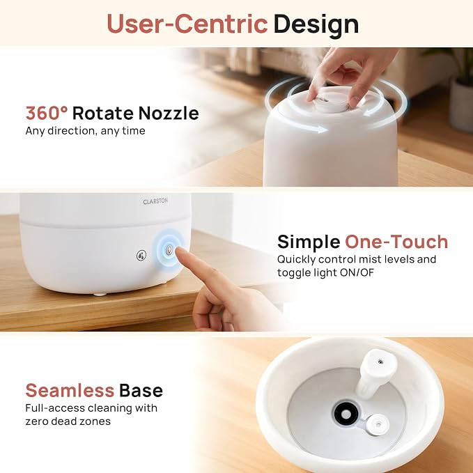 Clarston Humidifiers for Bedroom, 2L Cool Mist Humidifier, 24dB Quiet Sleep | 25H Runtime, Easy to Top Fill & Clean, Humidification for Baby Nursery & Plant, 360° Nozzle for Large Room, Nightlight,No BPA