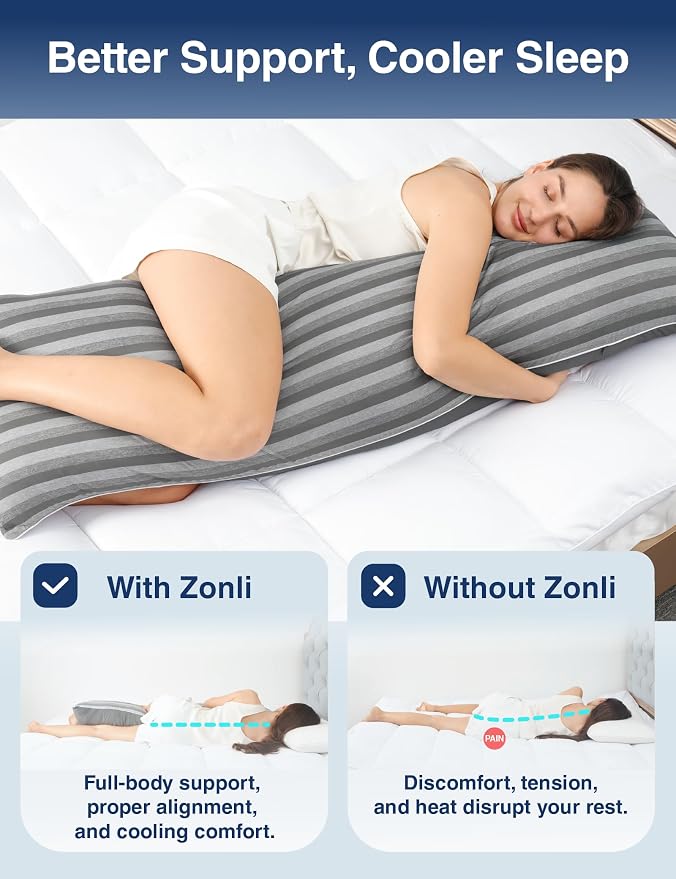 ZonLi Cooling Body Pillow for Adults, Long Pillow with Memory Foam Adjustable, Firm Support Body Pillow for Side Sleeper, Pregnant, Back Pain Relief, Washable Pillowcase, 20x54 inch, Grey