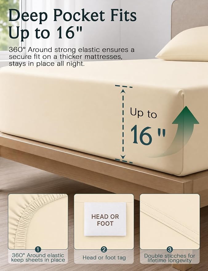 LuxClub Full Size Sheets, Deep Pocket Bed Sheets Full Size 4PC, Soft Cooling Sheets Set for Full Sized Bed, Breathable Hotel Luxury Bedding Wrinkle Free, Silky Fitted Sheet & Pillowcase Sets, Cream | LuxClub Silky Fitted Sheet & Pillowcase Sets, Breath...