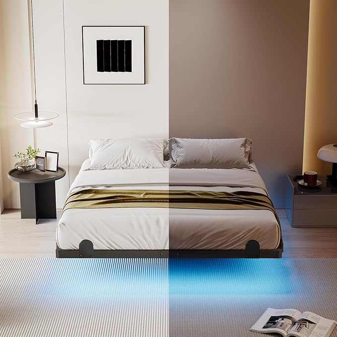 qimamo Floating Queen Bed Frame, 7 Inch Metal Platform Bed with Smart LED Lights & Charging Station, Easy Assembly, No Box Spring Needed