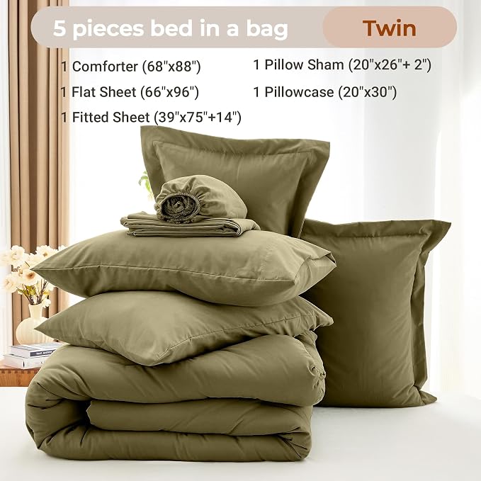 5 Pieces Twin Comforter Set, Soft Bed in a Bag Twin Size, All Season Bedding Set with Comforter, Flat Sheet, Fitted Sheet, Pillowcases & Shams, Olive Green