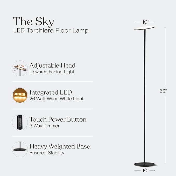 Brightech Sky LED Floor lamp, Torchiere Super Bright Floor Lamp for Living Room Decor & Office - Dimmable, Tall Standing Torch Lamp with Warm Light for Bedroom & Reading - Black