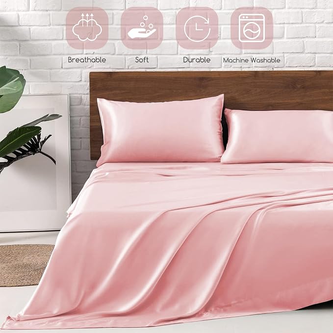 MR&HM Satin Sheets Full Size with Elastic Corner Straps, Light Pink | Similar to Silk, 4-Piece Silky Soft Bed Sheet Set, Gentle on Skin and Hair, 15" Deep Pocket, Cooling & Breathable