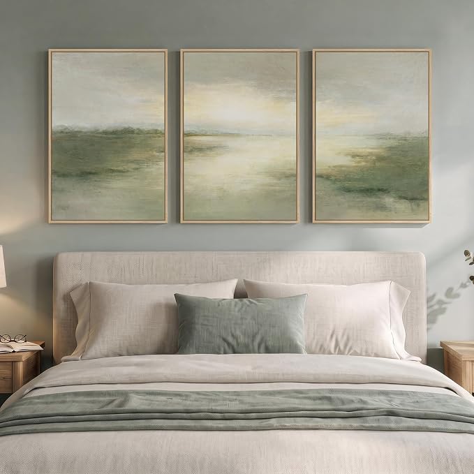Large Framed Sage Green Landscape Abstract Wall Art, Set of 3 Each 20x30 In | Green nature painting, Canvas prints, Wood frame, Lake picture, Modern rustic artwork, Wall decor for living room dining room