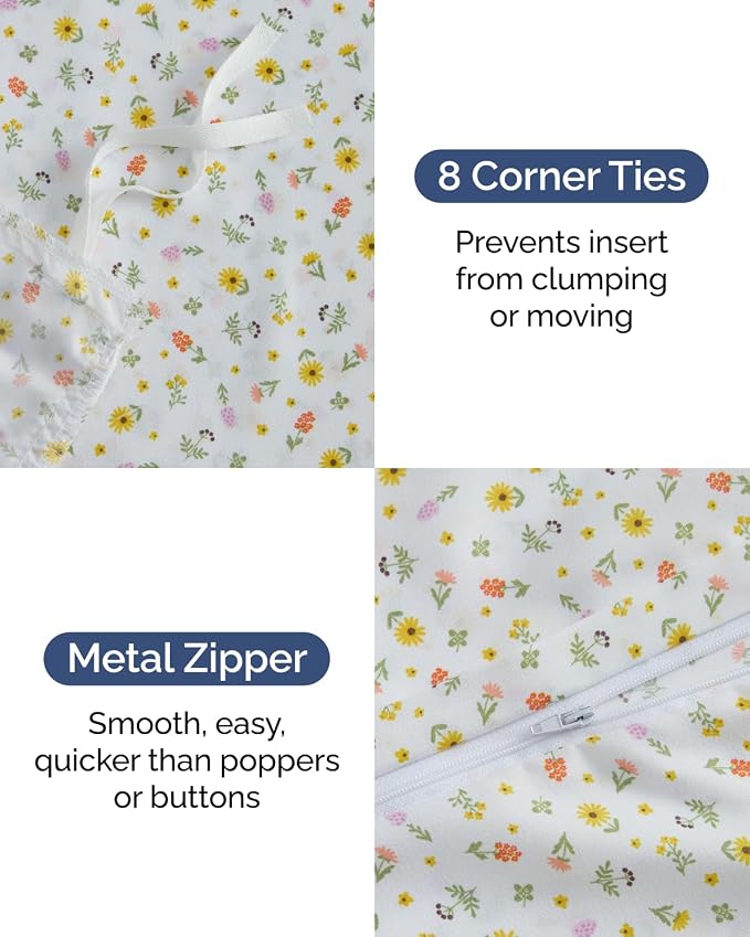Duvet Cover Queen Size - Floral Duvet Cover - 3 Piece - Little Blooms | Soft Floral Duvet Cover 90 x 90 with 2 Pillow Shams, Zipper Closures & Ties, Floral Bedding for Women, Men, Kids & Teens