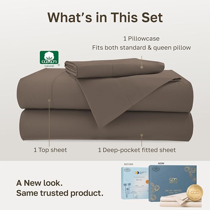 California Design Den Softest 100% Cotton Sateen Twin Sheets Set, 3 Pcs Set | Soft 500 Thread Count Backed by Good Housekeeping Seal, All-Around Elastic, Durable, Easy Care - Mushroom Brown