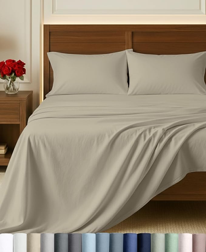 California Design Den Certified 100% Egyptian Cotton Full Bed Sheets, Beige | Backed by Good Housekeeping Seal, Light & Airy Soft Sateen, 15" Deep Pocket, All-Around Elastic, Durable, Easy Care 4pc Set