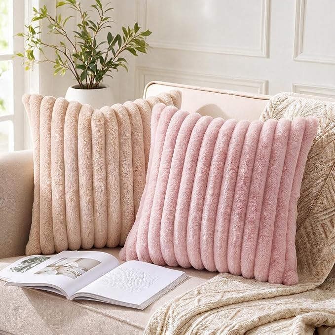 Pack of 2 Throw Pillow Covers 20x12 Decorative Solid Plush Faux Fur with Soft Velvet Back, Square Striped Cushion Cases Modern Farmhouse Home Decor for Living Room Couch Sofa Bed Apricot