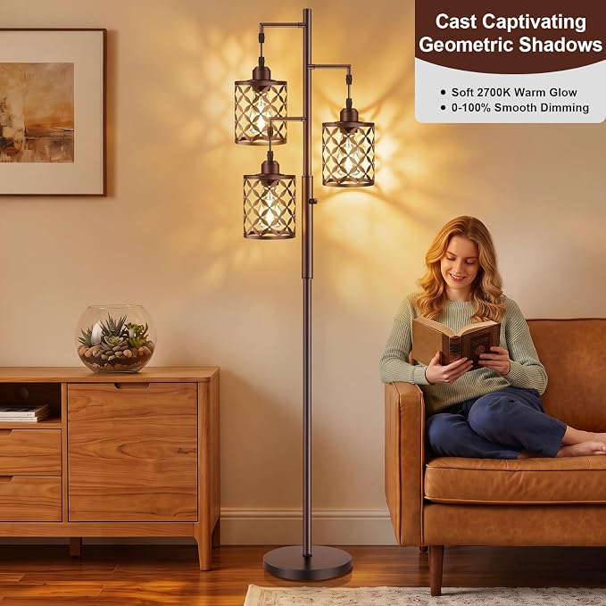 72" Industrial Tree Floor Lamp, Dimmable Farmhouse Tall Stand Light with Metal Cages & Rotary Dimmer Knob, Corner Decor Lighting for Living Room Bedroom Cafe, 3 x 800LM Bulbs Included-Brown