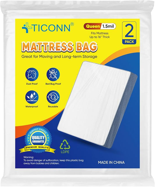 TICONN 2PK Plastic Mattress Bag for Moving Storage, Waterproof Mattress Protector Cover, Heavy-Duty Mattress Moving Supplies (1.5 mil, Queen) | 3D Gusset Design, Tear Resistant & Dust Protection, Multiple Sizes /Thickness Options, Reusable Mattress Pro...