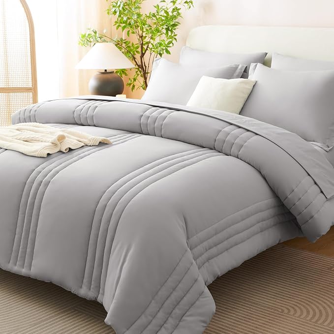 Queen Comforter Set French Grey - 7 Pieces Bed in a Bag | OEKO-TEX Certified, 240GSM Down-Alternative Comforter, 14" Deep-Pocket Sheets, Shams & Pillowcases, Lightweight