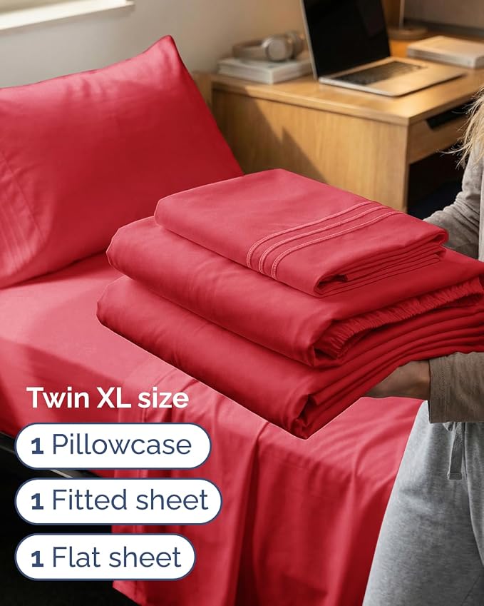 Twin XL 3 Piece Sheet Set - College Dorm Room Essentials - Red | Deep Pocket Bed Sheets for Women, Men, Teens & Students, Soft, Cooling, Breathable & Wrinkle Free, Oeko-Tex Bed Sheet Set