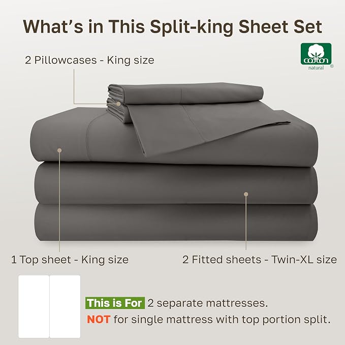 California Design Den 100% Cotton Sateen Split King Bed Sheet Set, 5 Pcs | 500 Thread Count with Good Housekeeping Seal, Split King Sheets Sets for Adj. Bed with 2 Sep. Twin-XL Mattresses - Dark Grey
