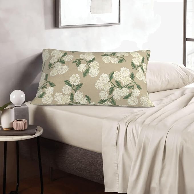 Beige Spring Pillow Covers 12x20 Inch 2 Pcs Khaki Green Hydrangea Flower Decor Throw Pillows Vintage Floral Seasonal Summer Outdoor Decoration Pillowcase Linen Cushion Cover for Couch Sofa