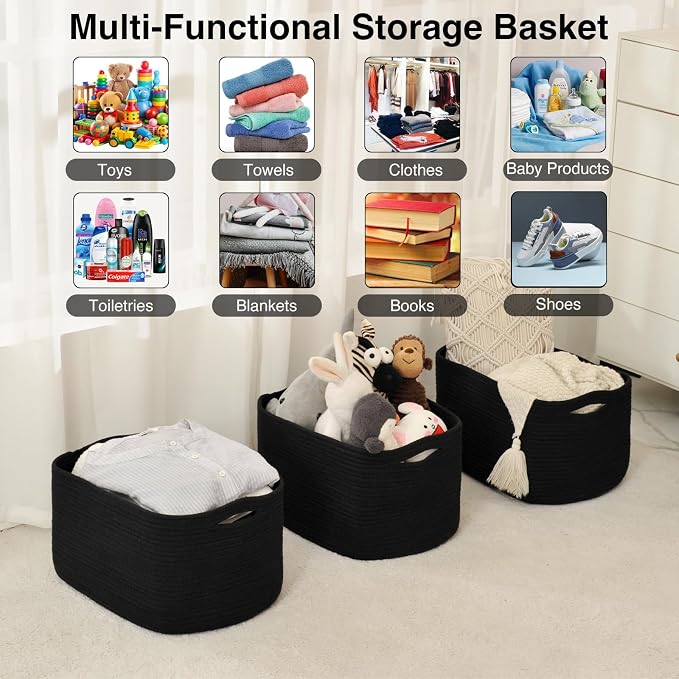 ICERZCZ Large Storage Baskets for Organizing Shelves, Woven Cotton Rope Bins for Baby Nursery Organization, Book Toy Towel Organizer, 17"x13"x9.5", 3 Packs, Black