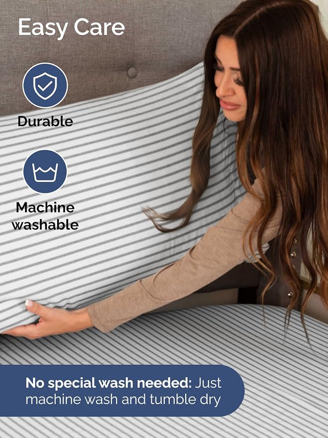 Extra Deep Split King Sheet Set - 5 Piece Breathable Cooling - Grey Stripes | Easily Fits 18 to 24 inch Mattress - Ultra Soft, Wrinkle & Fade Free with Extra Deep Pockets - Comfy Hotel Luxury Bedding