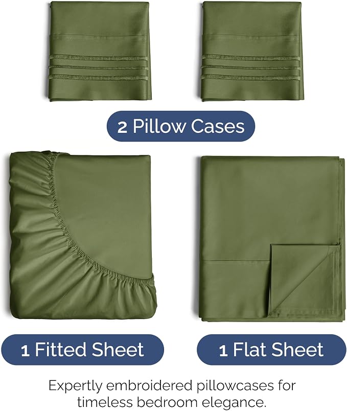 Cal King Size 4 Piece Sheet Set - Ultra Soft & Cooling Sheets - Deep Olive | Fits 8 Inch to 16 inch Mattress, Wrinkle Free & Fade Resistant with Deep Pockets, Breathable, Comfy Hotel Luxury Bedding