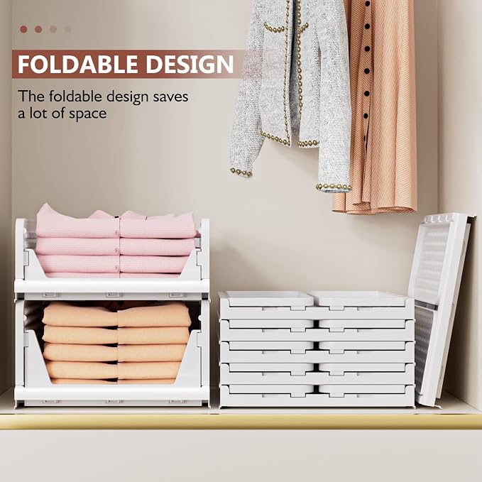 4 Pack Folding Closet Organizers Storage Box, Stackable Storage Bins, Plastic Drawer Basket Closet Storage for Wardrobe Cupboard Kitchen Bathroom Office White-4L | White Stackable Plastic Drawer Bins for Closets, Wardrobes, Kitchens, Bathrooms, Offices