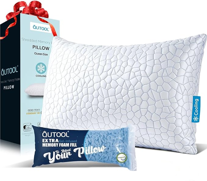 QUTOOL Cooling Pillow for Sleeping, CertiPUR-US Shredded Memory Foam Queen Pillow Set of 1, Cool Pillow for Hot Sleepers Adjustable Firm Pillow for Side, Back, Stomach Sleepers Soft Yet Support, White