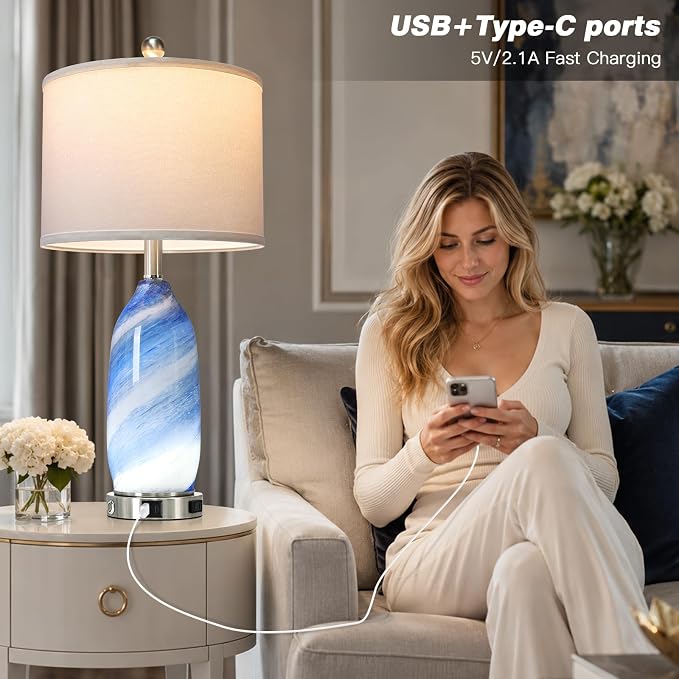 Rinweey 26" Grey-Blue Glass Table Lamps Set of 2,Coastal Lamps Nautical lamp with USB A+C Ports & AC Outlet,Bedside Lamps with 3-Way Dimmable-Night Light for Bedroom Living Room,Grey-Blue