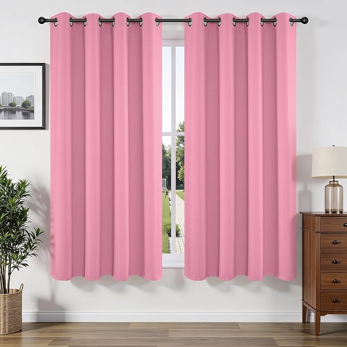 Joydeco Blackout Curtains 63 Inchs Long 42 Wide Black Out Curtains 2 Panels, Thermal Insulated Long Curtain& Drapes Room Darkening Grommet Drapes for Living Bedroom Window (W42 x L63 Inch, Pink)