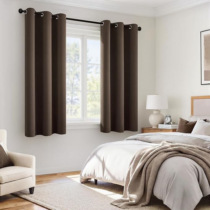 MIULEE Chocolate Brown 100% Blackout Curtains for Bedroom 40x45 Inch Length | 2 Thick Layers Thermal Insulated Short Curtains with Black Liner, Noise Reducing Grommet， Drapes for Living Room, 2 Panels