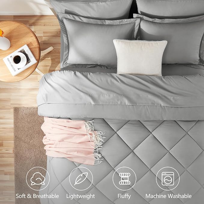 Full Size Comforter Sets Light Grey - 7 Pieces Complete Bedding Set | OEKO-TEX Certified, All Season, 240GSM Down-Alternative Comforter, Sheets, Pillowcases & Shams, 14" Deep Pocket, Easy Care