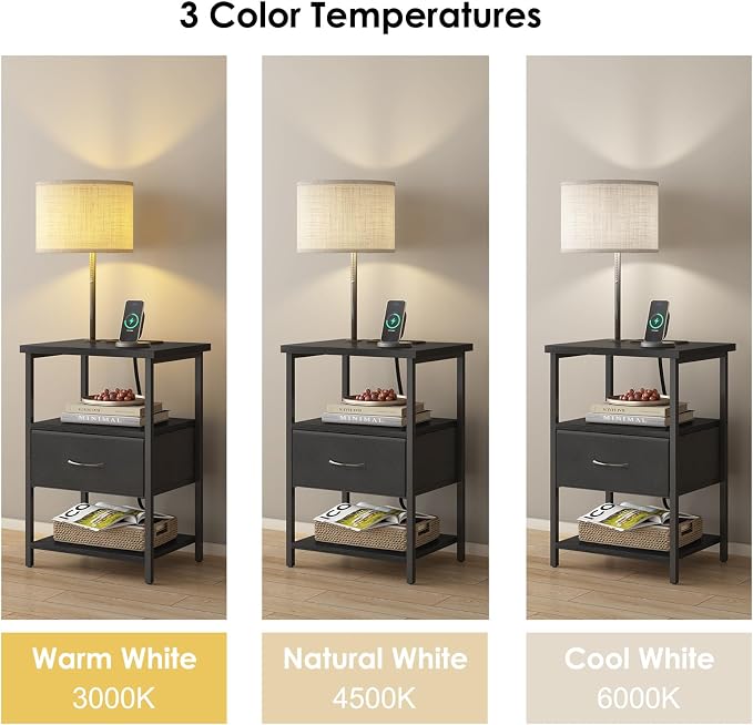 Fixwal Nightstand with LED Lights Bedside Table with 3 Color Temperatures Bulb, NightStand with Charging Station End Table with Adjustable Fabric Drawer for Bedroom Dorm, Black