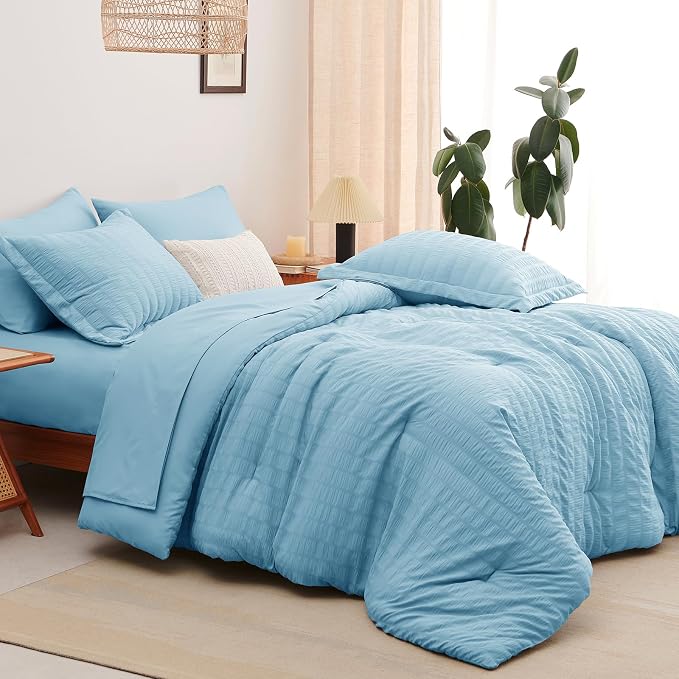 Full Size Comforter Sets, 7 Pieces Sky Blue Seersucker Bed in a Bag | OEKO-TEX Certified, All Season Bedding Set with 240 GSM Down Alternative Comforter, Flat & Fitted Sheets, Pillowcases & Shams