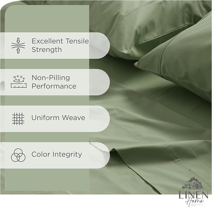 Linen Home 100% Cotton Percale Sheets California King Size, Oil Green, Deep Pocket, 6 Pieces Set- 1 Flat, 1 Fitted and 4 Pillowcases, Crisp Cool and Long Staple Strong Bed Linen