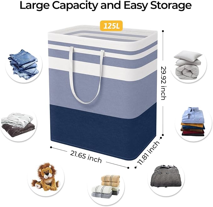HomeHacks 2-Pack Large Laundry Basket, Waterproof, Freestanding Laundry Hamper, Collapsible Tall Clothes Hamper with Extended Handles for Clothes Toys in the Dorm and Family (Blue, 125L) | Waterproof, Freestanding, Collapsible Clothes Hamper with Reinf...
