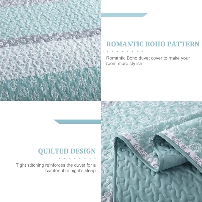 Cottolester Boho Full Size Quilt Set,Teal Striped Bedspread Bedding | Soft Microfiber Coverlet,Breathable All-Season,Machine Washable,3-Piece Set,Fits King 90"x78",Cozy Essential for Men Women