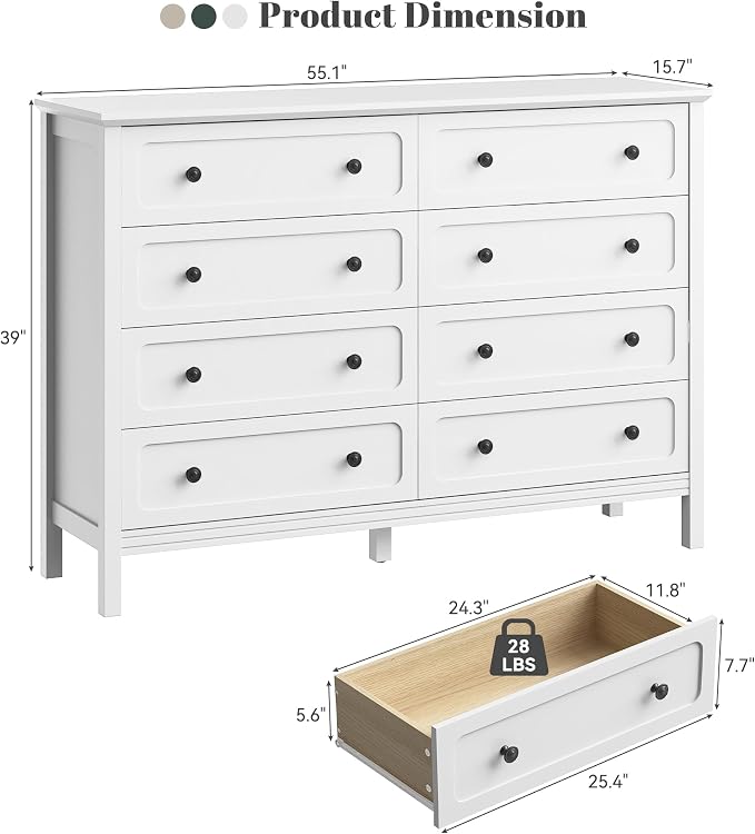 CARPETNAL 55" White Dresser for Bedroom with 8 Drawer & Deep Drawers | Large Storage Modern Chest of Drawers with Metal Handles for Living Room, Hallway