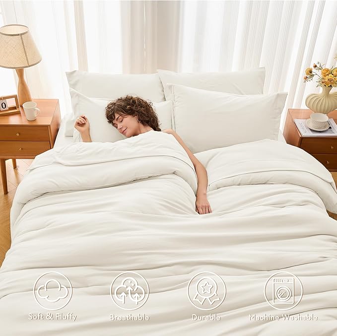 5 Pieces Twin Comforter Set, Soft Bed in a Bag Twin Size, All Season Bedding Set with Comforter, Flat Sheet, Fitted Sheet, Pillowcases & Shams, Ivory