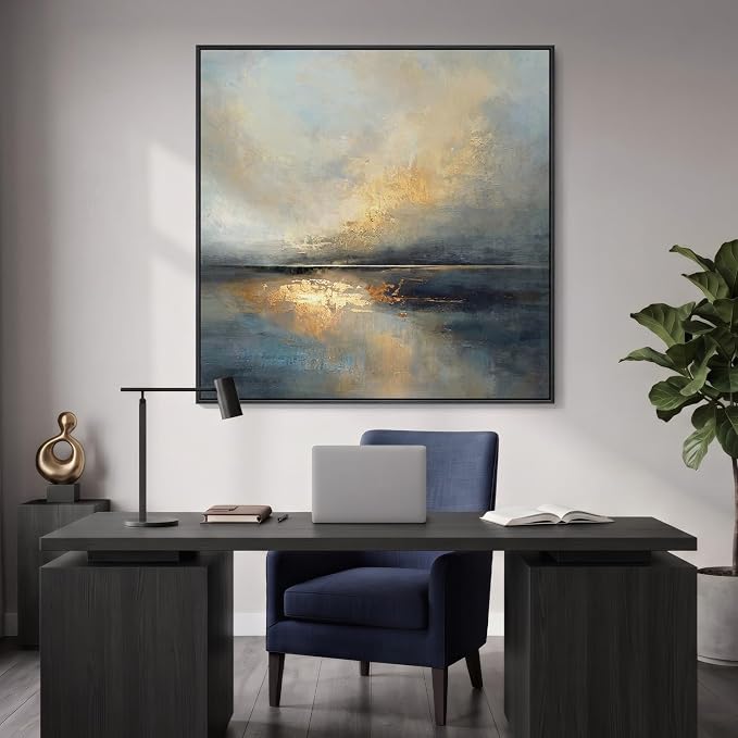 Extral Large Framed Abstract Landscape Wall Art for Living Room, 48x48 In | Oversized Canvas Prints, Neutral Minimalist Pictures, Blue Gray, Gold, Black Frame, Square Paintings, Dining Room Wall Decor
