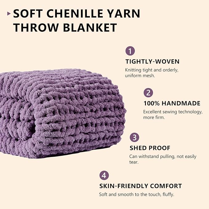 L'AGRATY Chunky Knit Throw Blanket for Couch, 60 x 80 Inches, Deep Purple | Handmade Chenille Crochet Blanket for Sofa Bed, Thick Cable Knitted Blankets for Room Home Decor, Birthday Gift for Women Mom