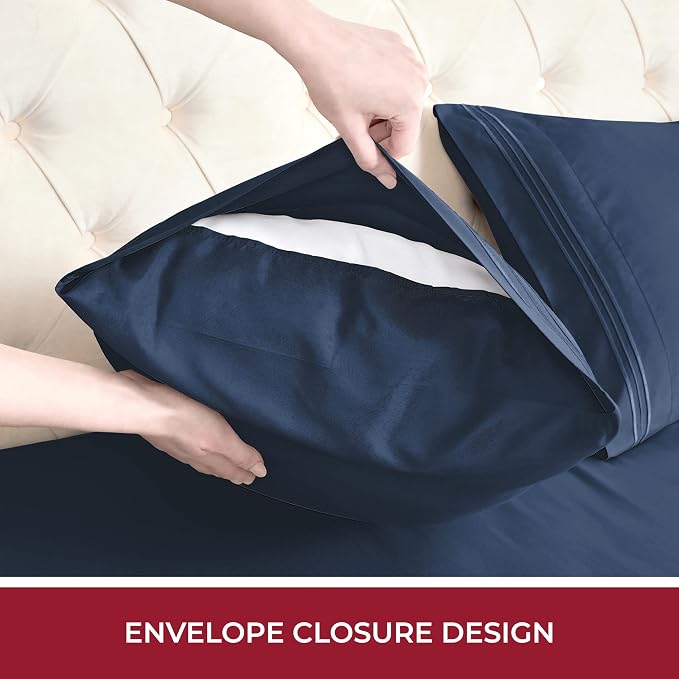 Mellanni RV Short Queen Sheets - 4 PC Iconic Collection Bedding | Hotel Luxury, Extra Soft, Cooling Bed Sheets - Deep Pocket up to 10 inch (RV/Short Queen, Navy Blue)