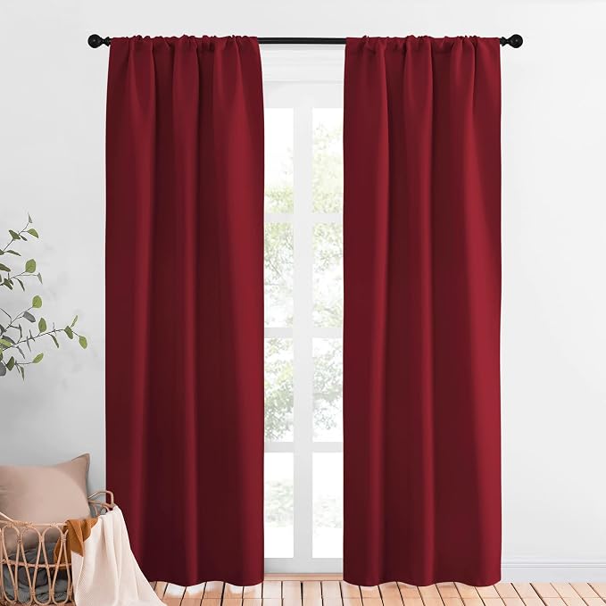 NICETOWN Christmas Burgundy Curtains Blackout Drape Panels - Lights Block Out Window Treatment Short Curtain Sets for Loft and Basement Decoration (Set of 2, 34 by 84-Inch)