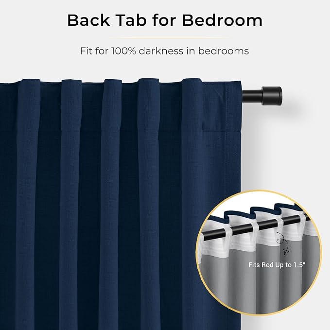 INOVADAY 100% Blackout Curtains for Bedroom Black Out Curtains 80 Inch Long | Midnight Blue Living Room Curtains 2 Panels, Clip Rings Linen Look Blackout Drapes, Thermal Insulated Room Darkening,W50xL80