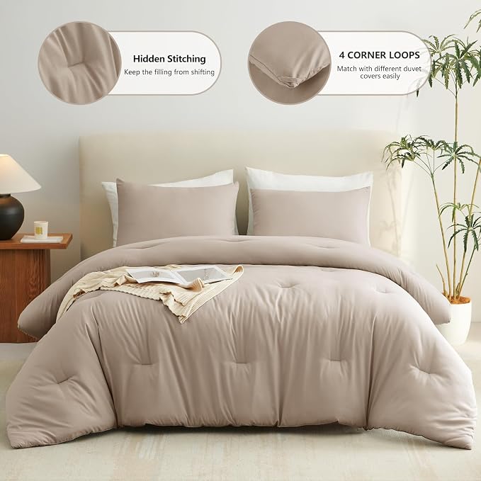Queen Comforter Set, 3 Pieces Down Alternative Bedding, Wheat | 270 GSM All Season Comforter with 4 Corner Ties for Use as a Duvet Insert, OEKO-TEX Certified, 2 Pillowcases, 88 x 88 in