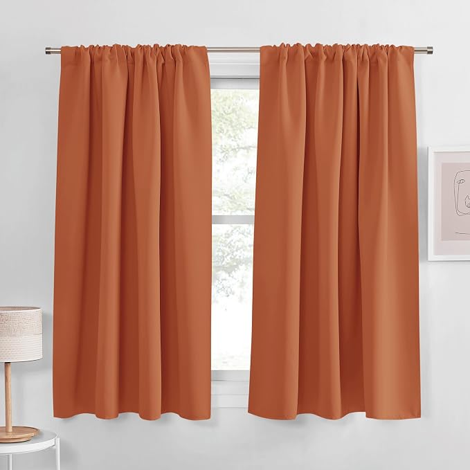 PONY DANCE Burnt Orange Short Black Out Curtains for Kitchen Over Sink 45 inch Length, Thermal Insulated Room Darkening Blackout Drapes for Small Bathroom Window(2 Panels Set, 42 inches Wide)